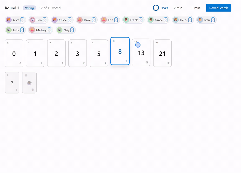 The reveal: countdown, avatar dot plot building over the card scale, statistics, and a one-click save