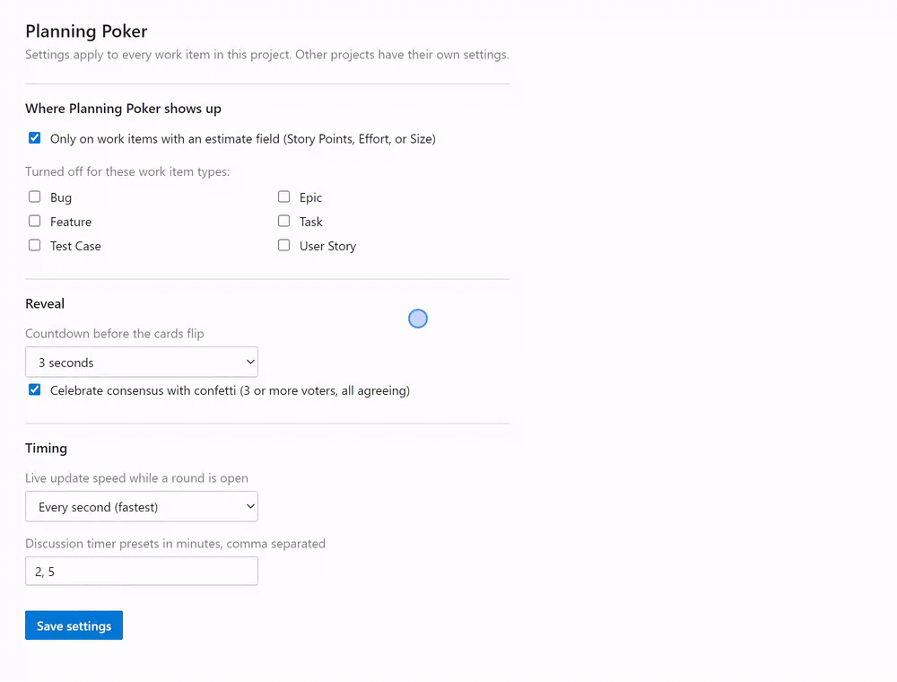 Per-project settings: excluding work item types, countdown, and timer presets, saved live